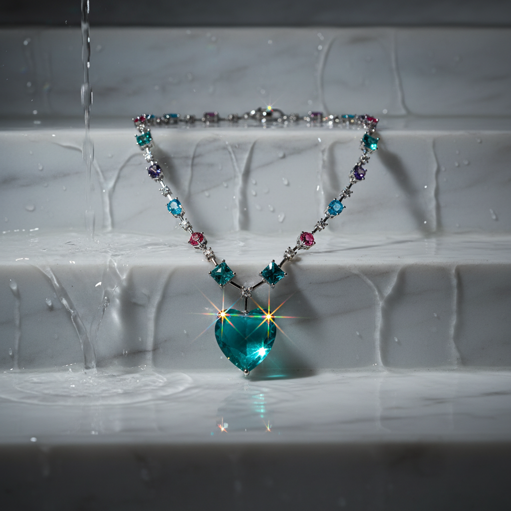 Crystal Heart Necklace on Wet Marble Stairs