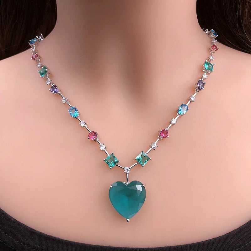 Crystal Heart Pendant Necklace — Cubic Zirconia & Color Stone