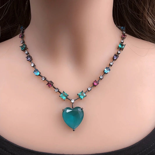 Crystal Heart Pendant Necklace — Cubic Zirconia & Color Stone
