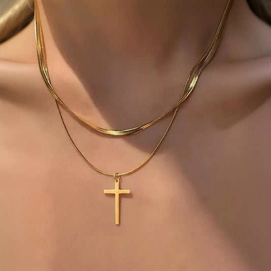 Golden Faith Herringbone Cross Necklace