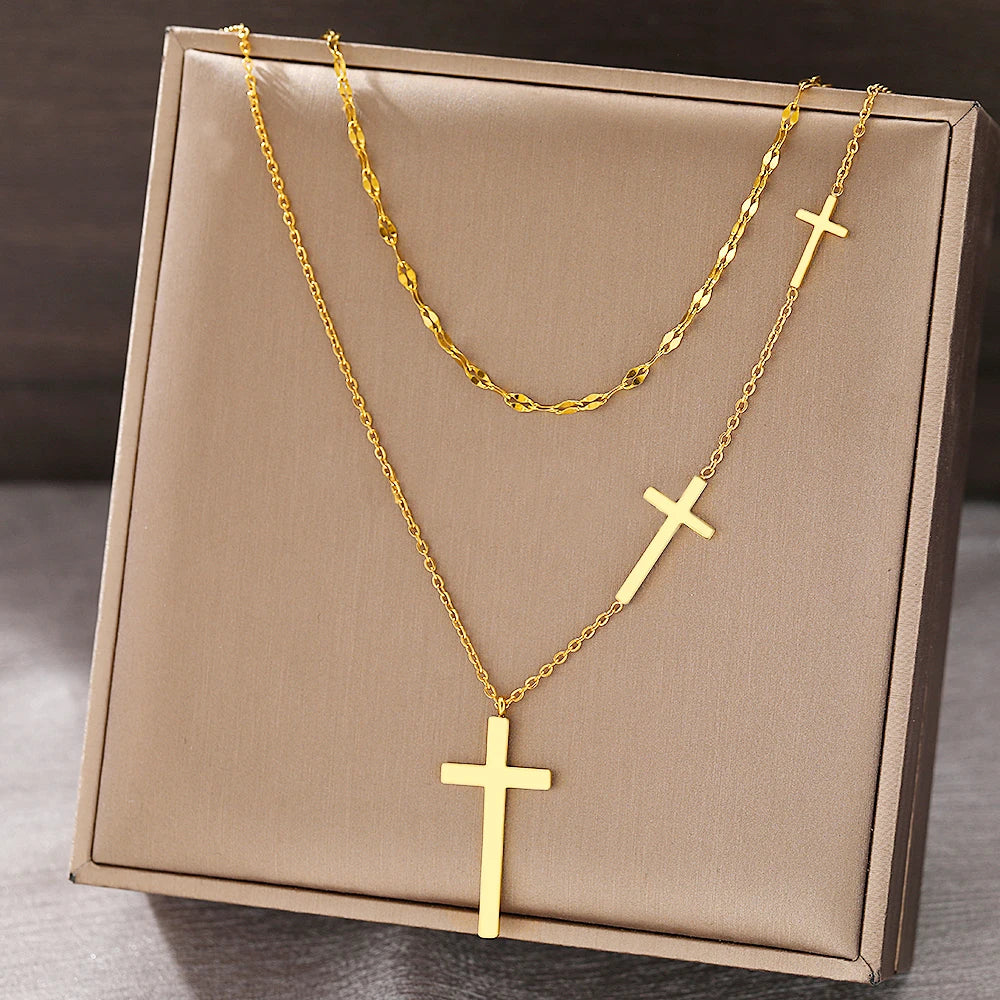 Dotifi Triple Cross Layered Necklace