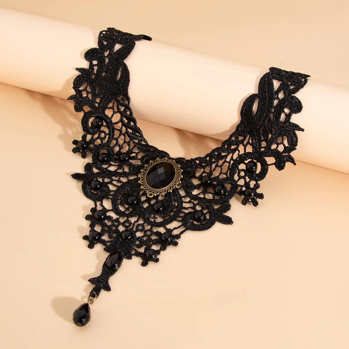 Black Lace Collar Necklace — Gothic Gem & Drop Pendant