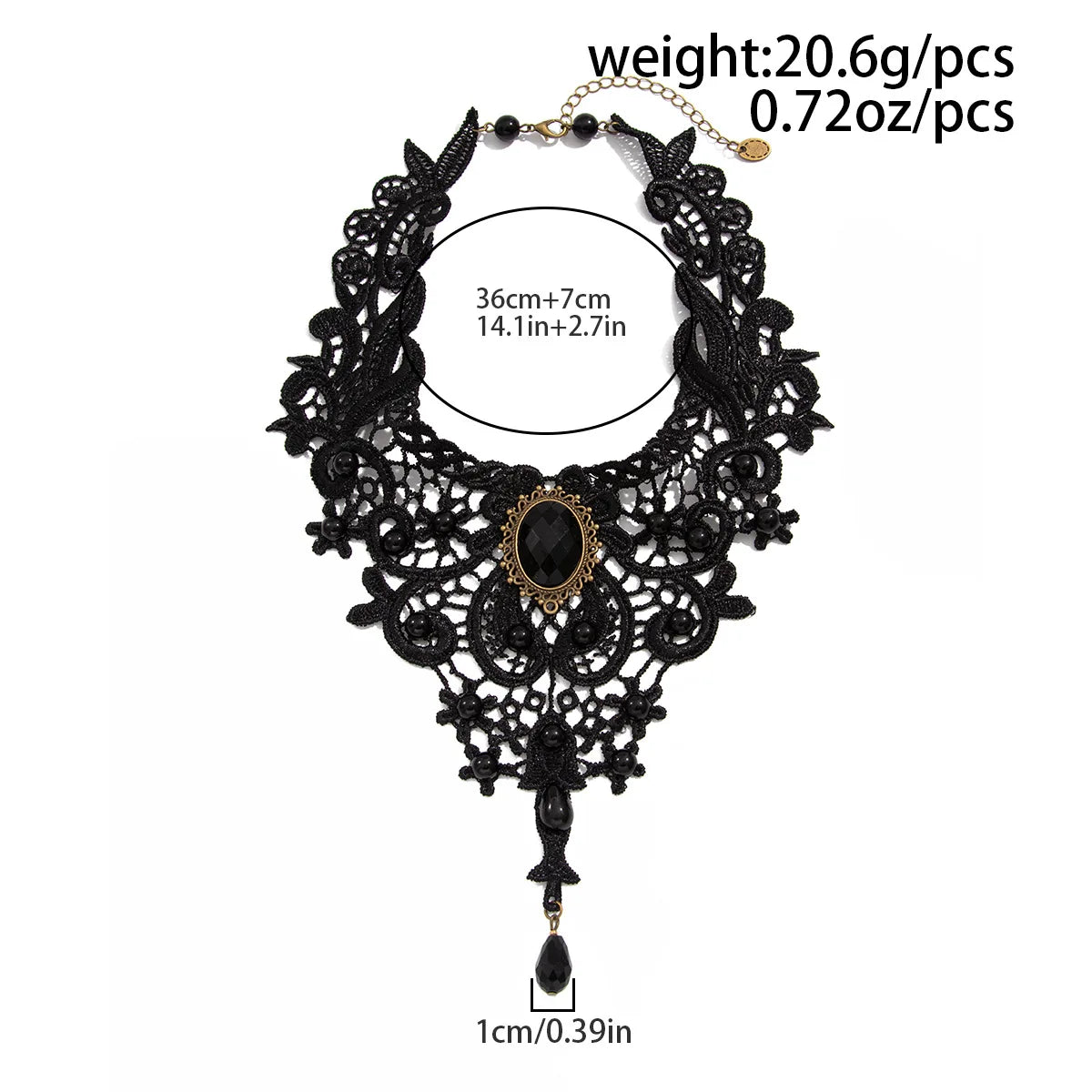 Black Lace Collar Necklace — Gothic Gem & Drop Pendant