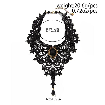 Black Lace Collar Necklace — Gothic Gem & Drop Pendant