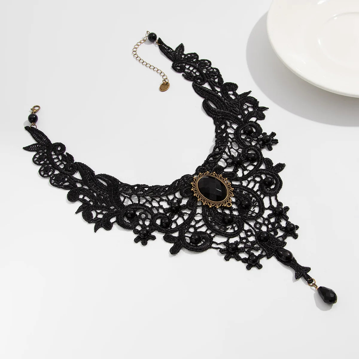 Black Lace Collar Necklace — Gothic Gem & Drop Pendant