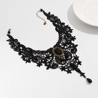 Black Lace Collar Necklace — Gothic Gem & Drop Pendant