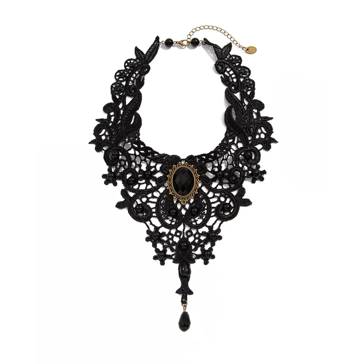 Black Lace Collar Necklace — Gothic Gem & Drop Pendant