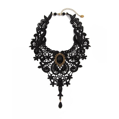 Black Lace Collar Necklace — Gothic Gem & Drop Pendant