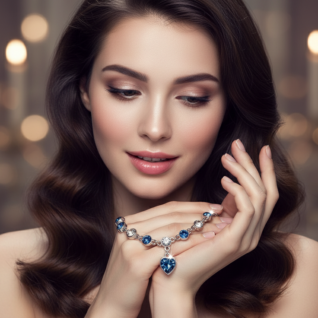 Beautiful model admiring Lucky Heart Crystal Bracelet - luxury shot