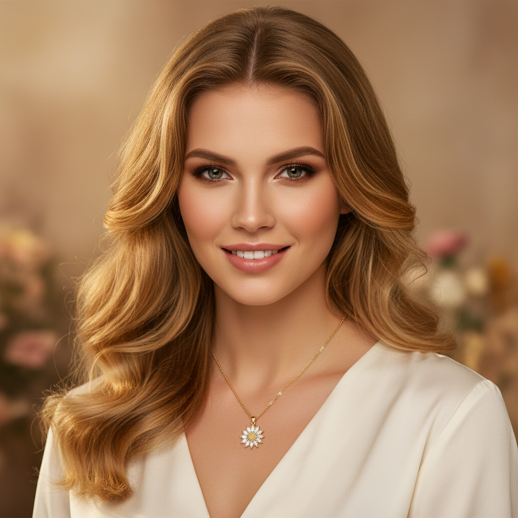 Beautiful model wearing sunflower necklace - elegant shot