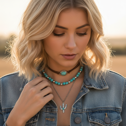 Blonde model touching bohemian necklace square