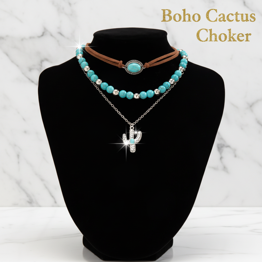 Boho Cactus Choker em vitrine com fundo mármore branco