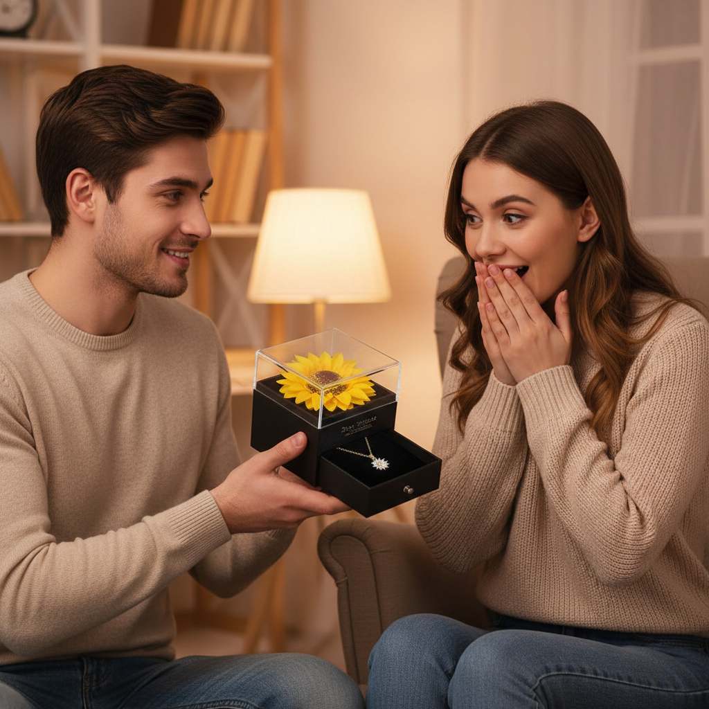 Boyfriend giving girlfriend sunflower necklace gift - surprise moment
