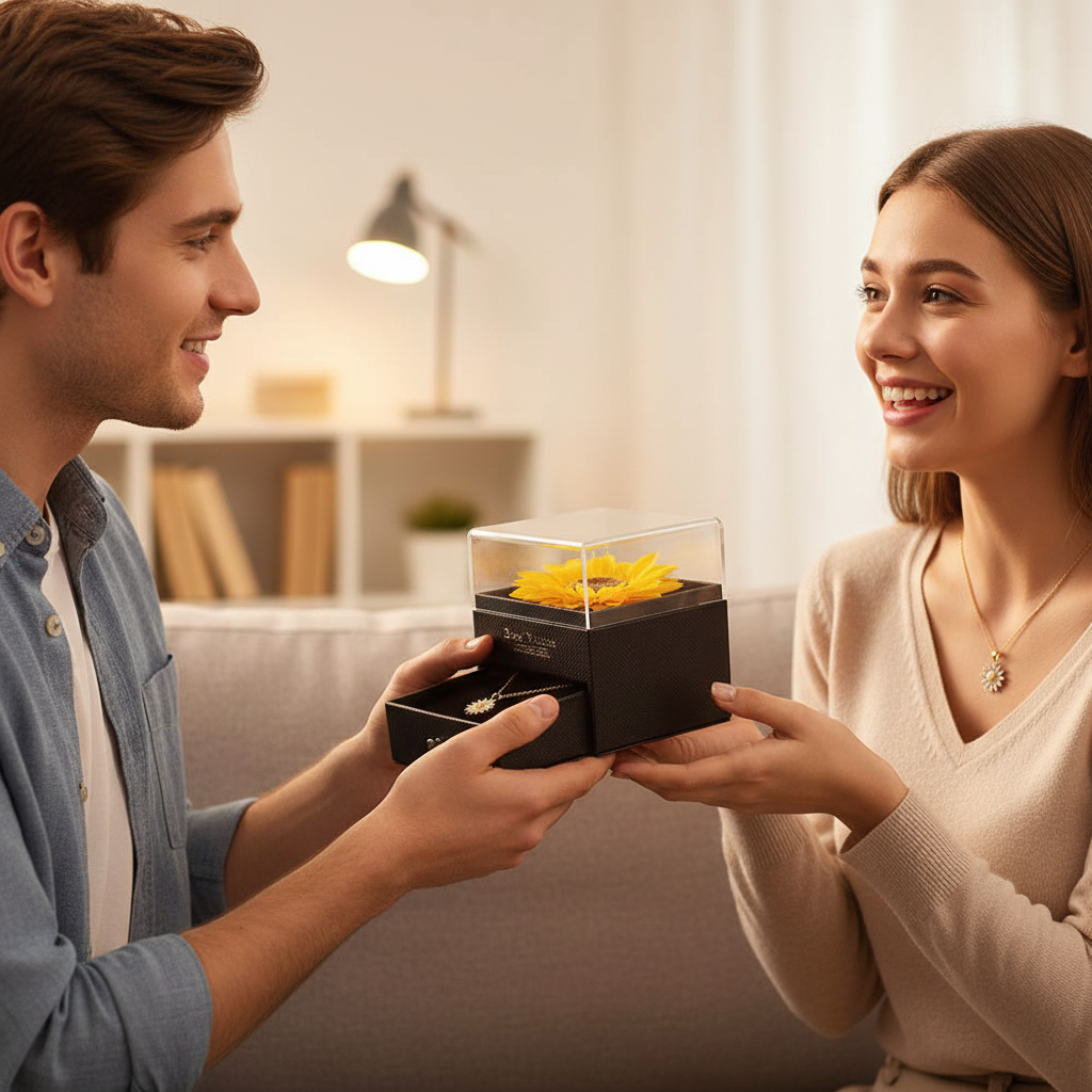 Boyfriend presenting sunflower necklace gift to girlfriend