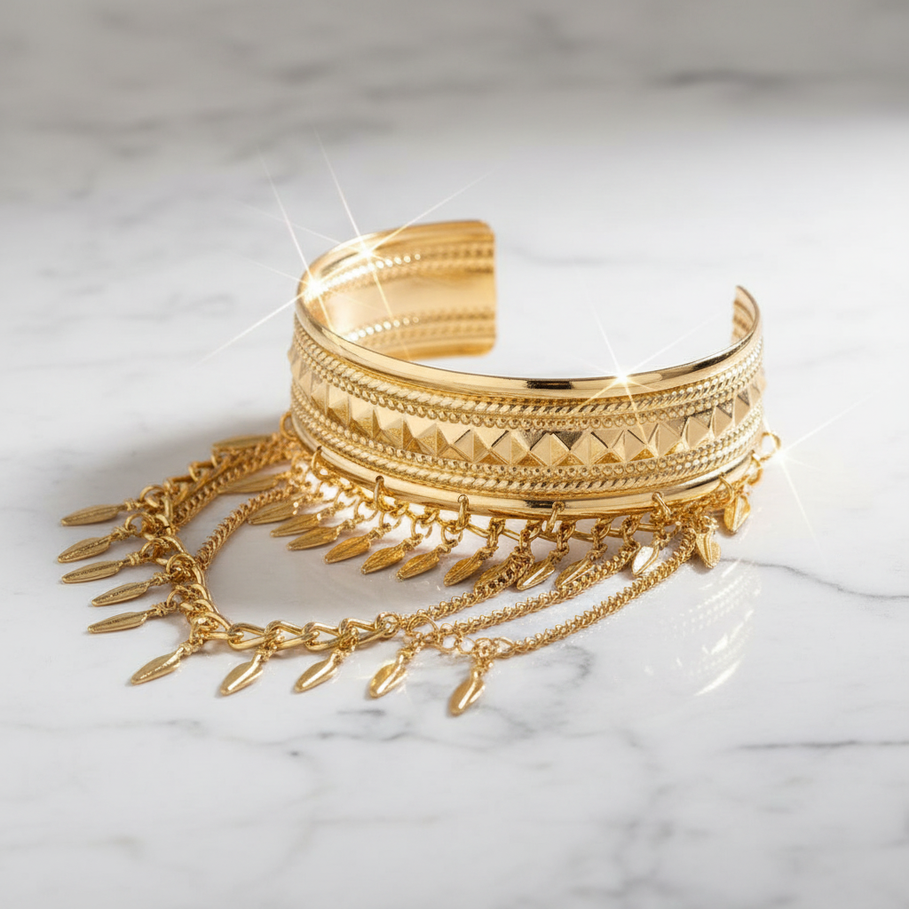 Bracelete boho em ouro com franjas em mármore branco