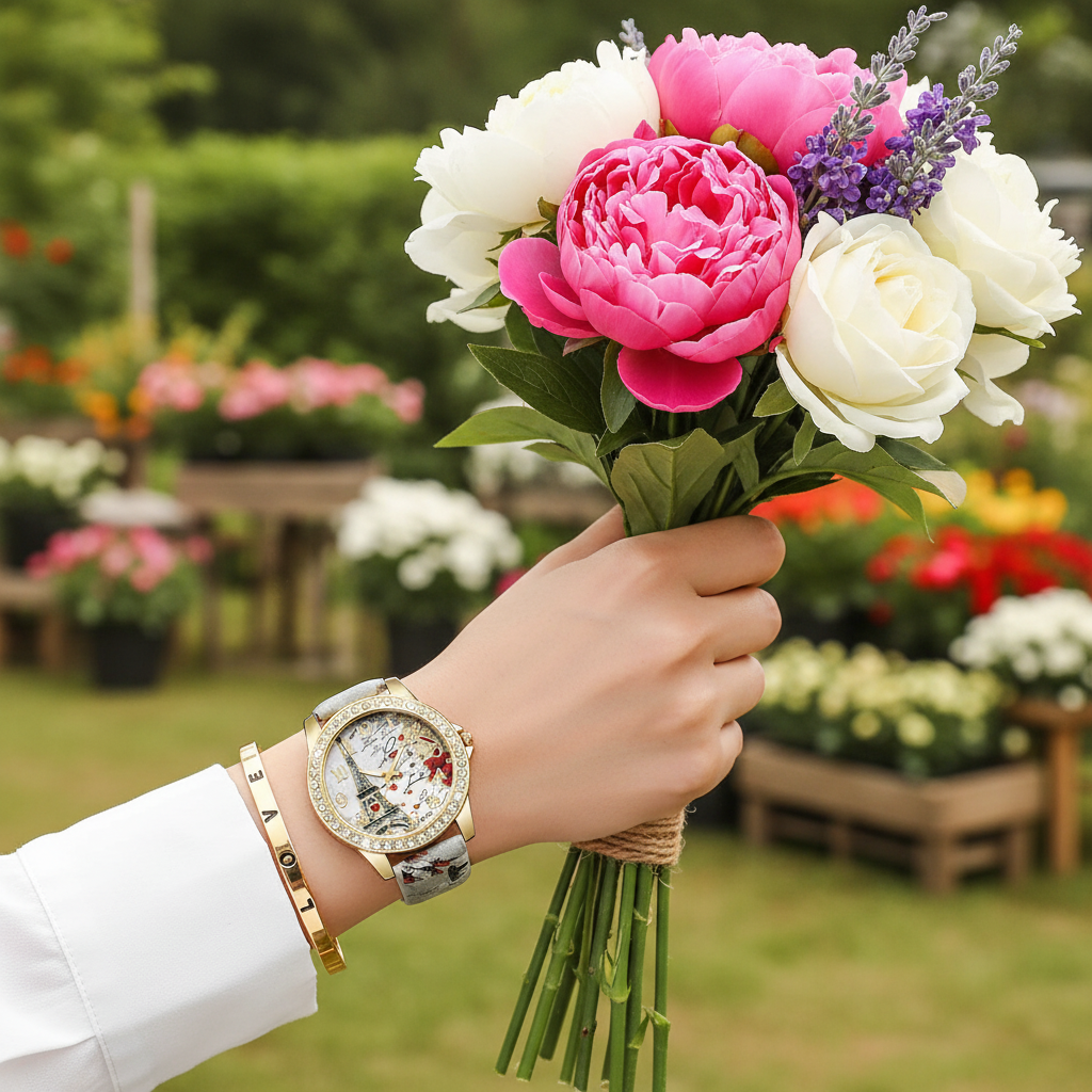Com buquê de flores