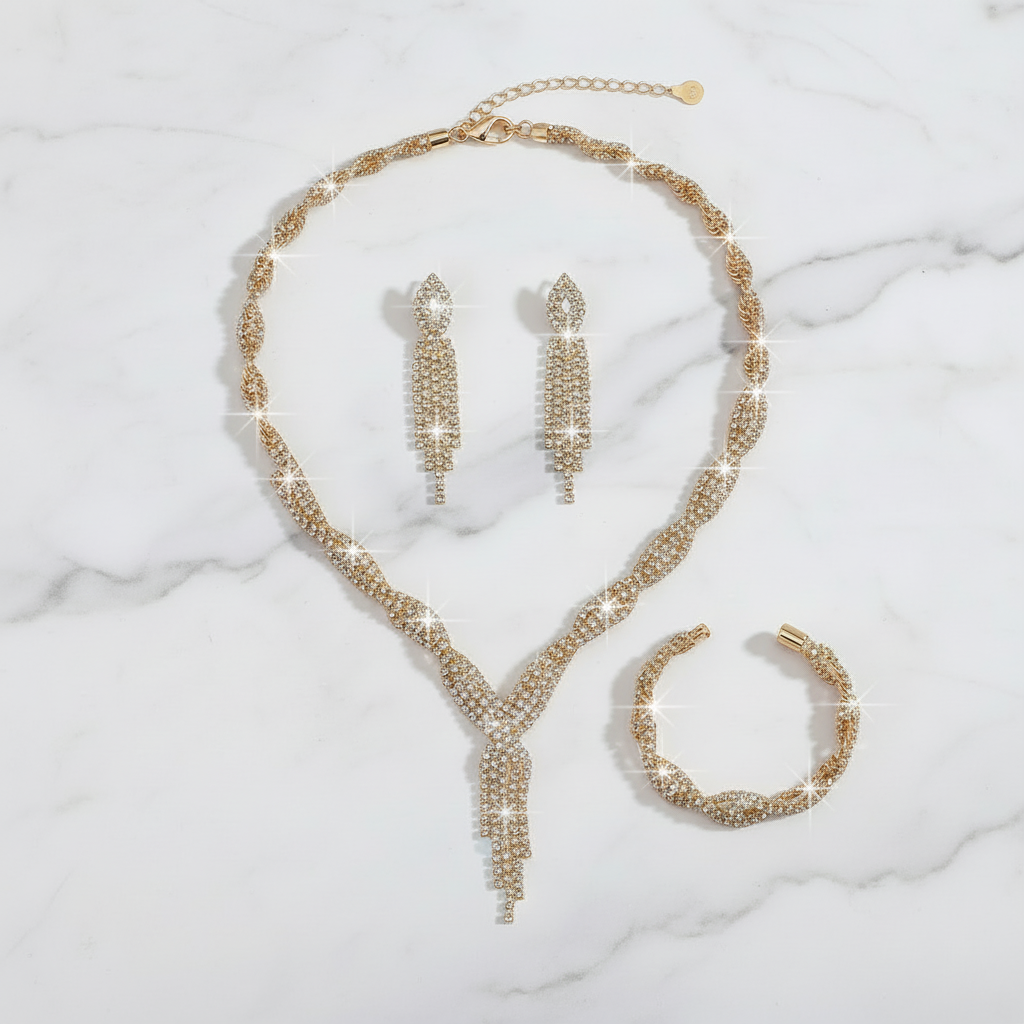 Conjunto completo de joias trançadas douradas