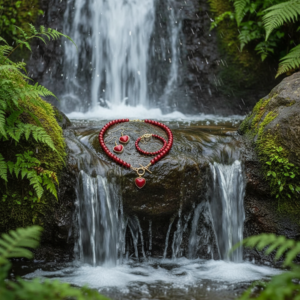 Conjunto de joias de pérolas em pedra na cachoeira