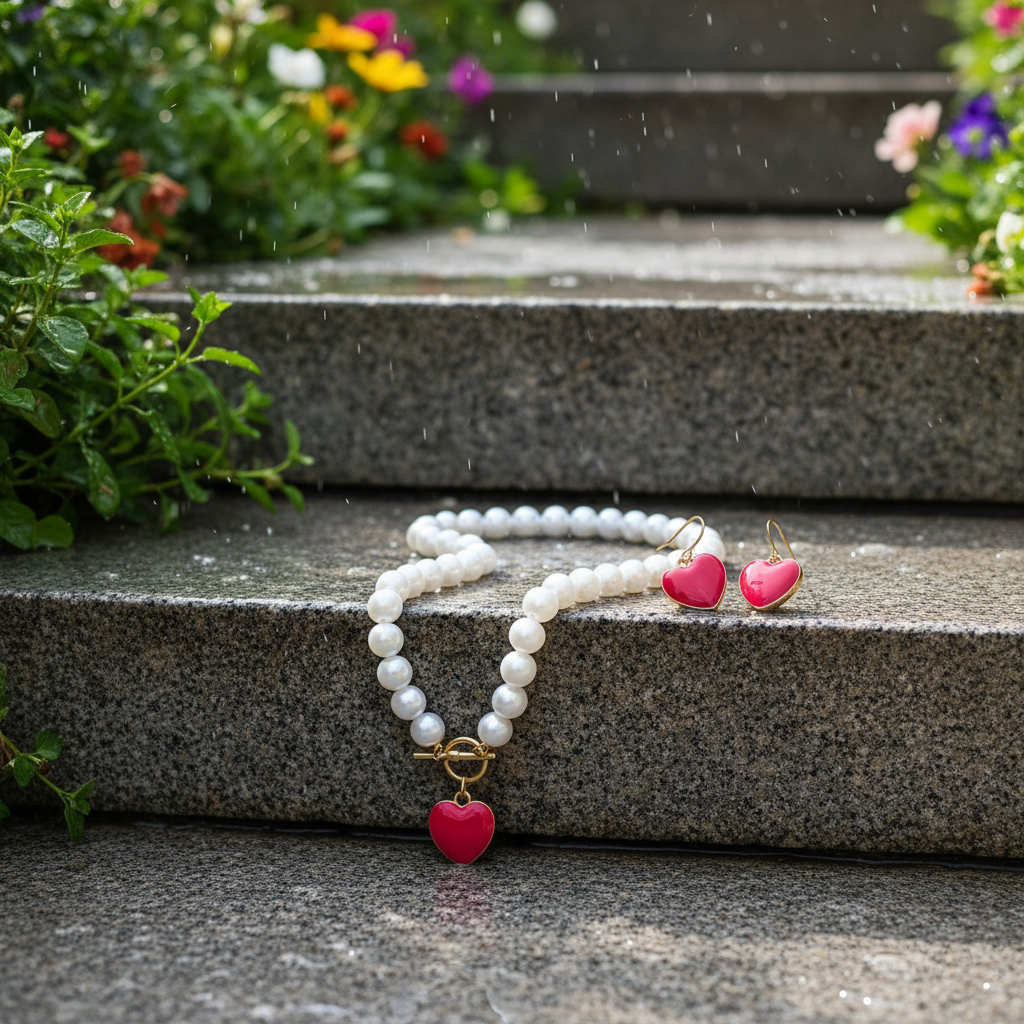 Conjunto de joias em escada molhada com jardim