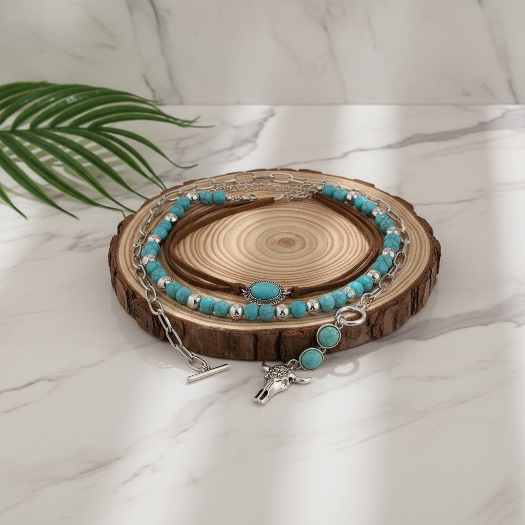 Conjunto de pulseiras com turquesa em ambiente de mármore branco