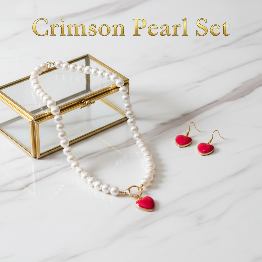 Crimson Pearl Set - Colar em vitrine e brincos em mesa