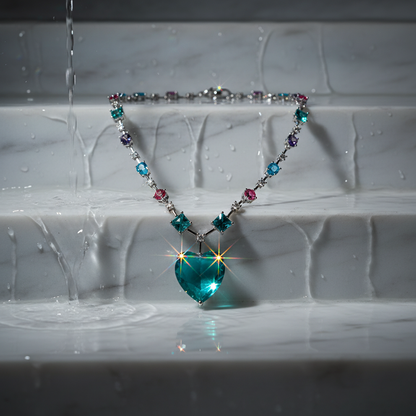 Crystal Heart Necklace on Wet Marble Stairs