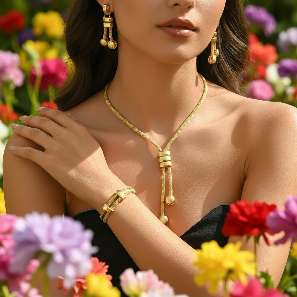 Foto close-up do conjunto de joias em jardim florido