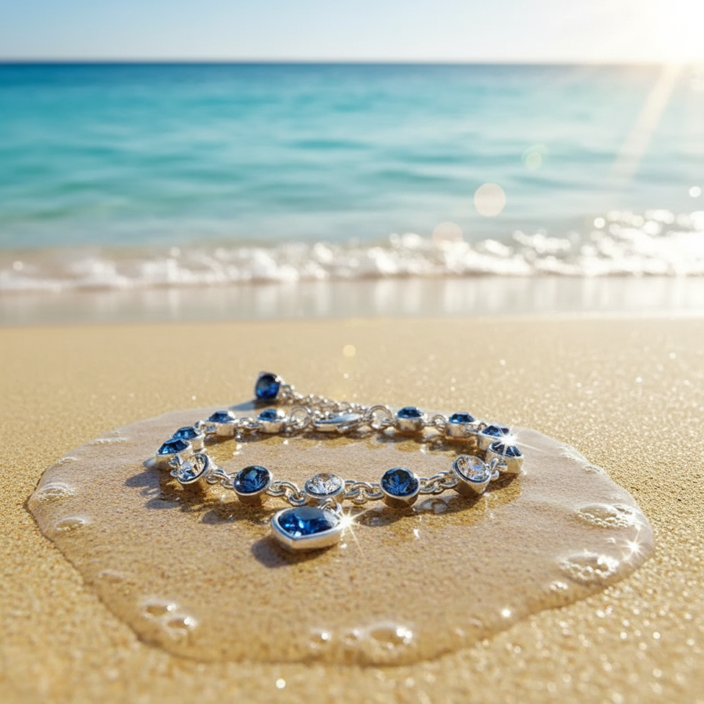 Lucky Heart Crystal Bracelet on beach sand - luxury ocean scene