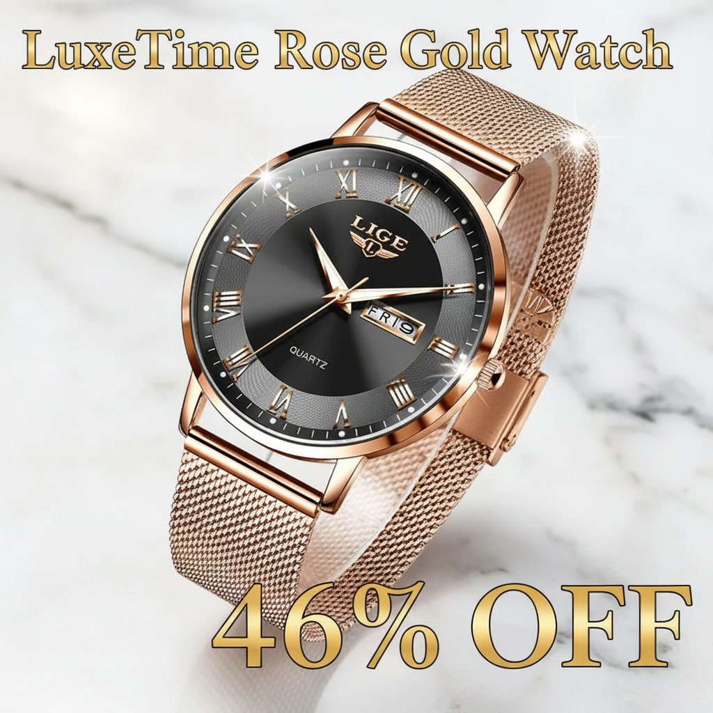 LuxeTime Rose Gold Watch com 46% OFF - fundo mármore branco