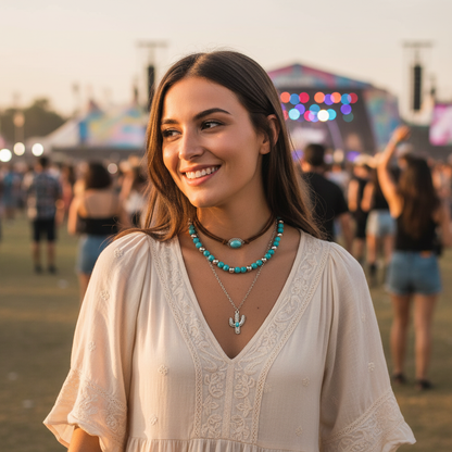 Model at festival wearing bohemian necklace square