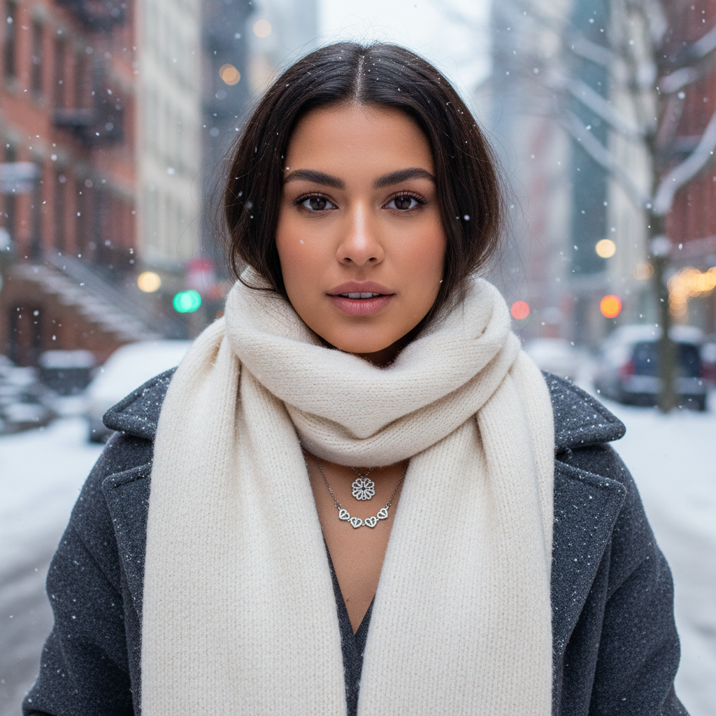 Modelo brasileira no inverno americano - close no Heart Clover Necklace