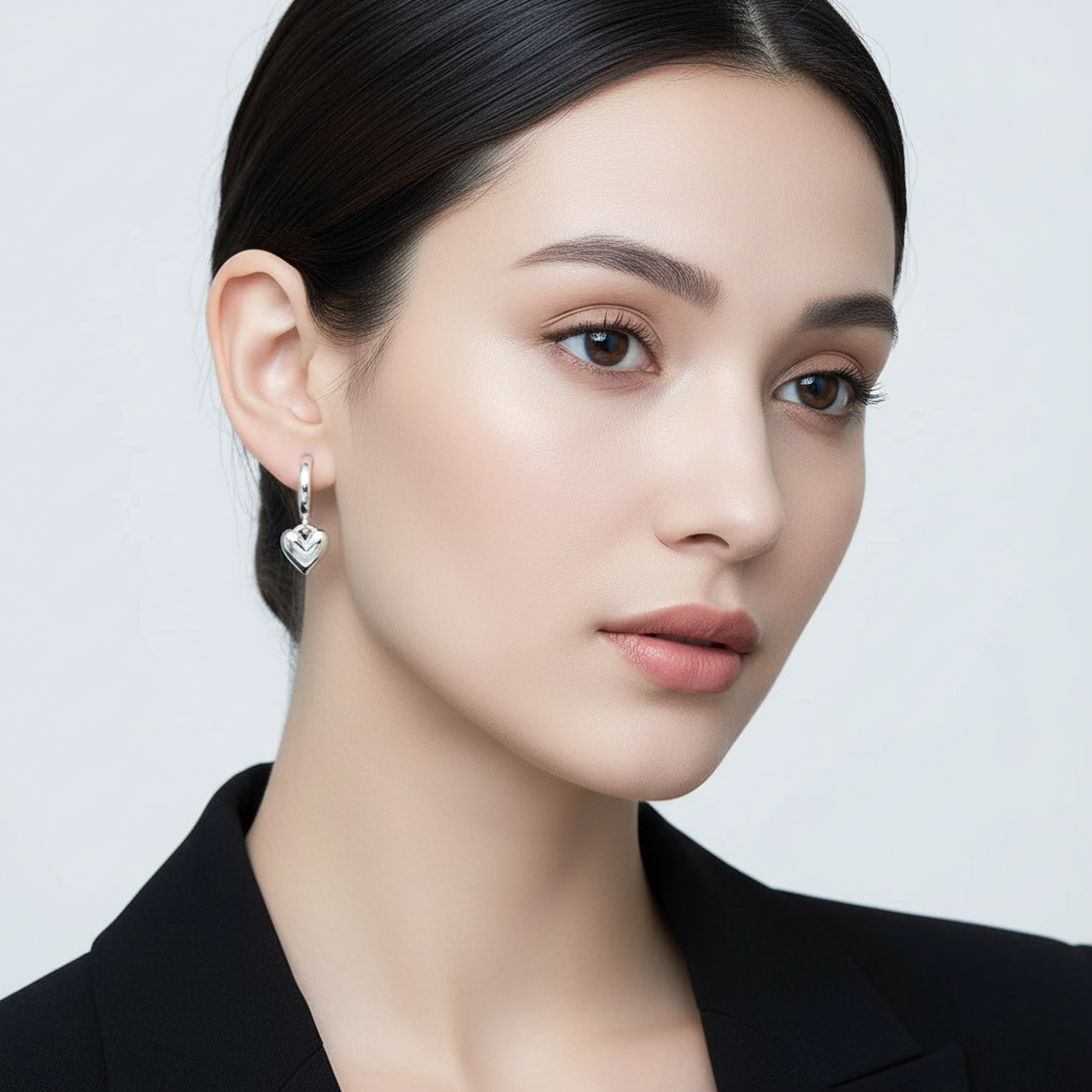 Modelo com brincos de coração prata nas duas orelhas