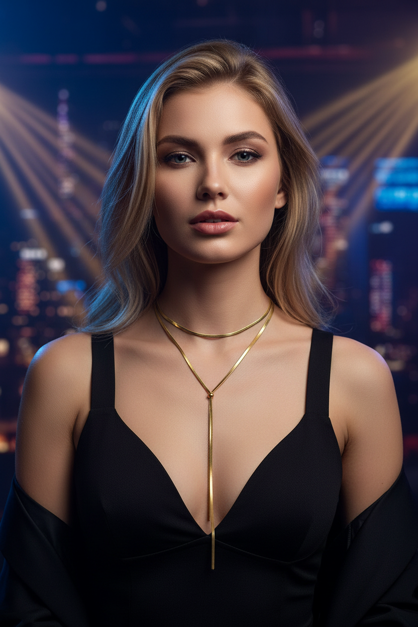 Modelo loira na balada com colar dourado em destaque