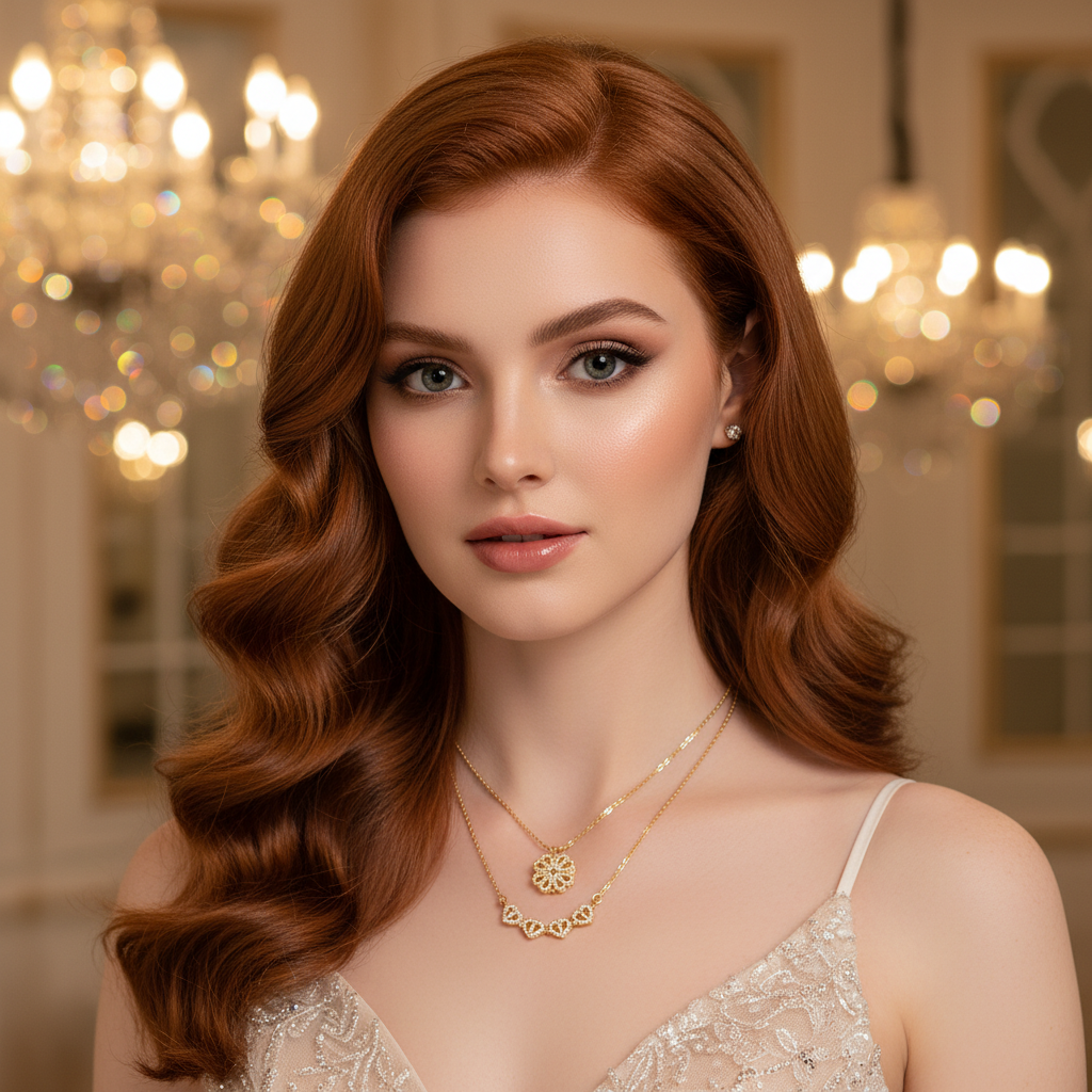 Modelo ruiva deslumbrante em festa chique usando Heart Clover Necklace dourado
