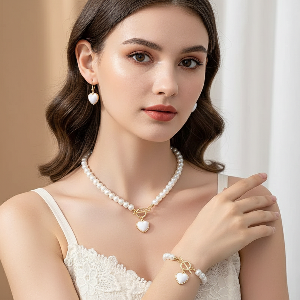 Modelo usando conjunto de pérolas brancas - destaque no produto