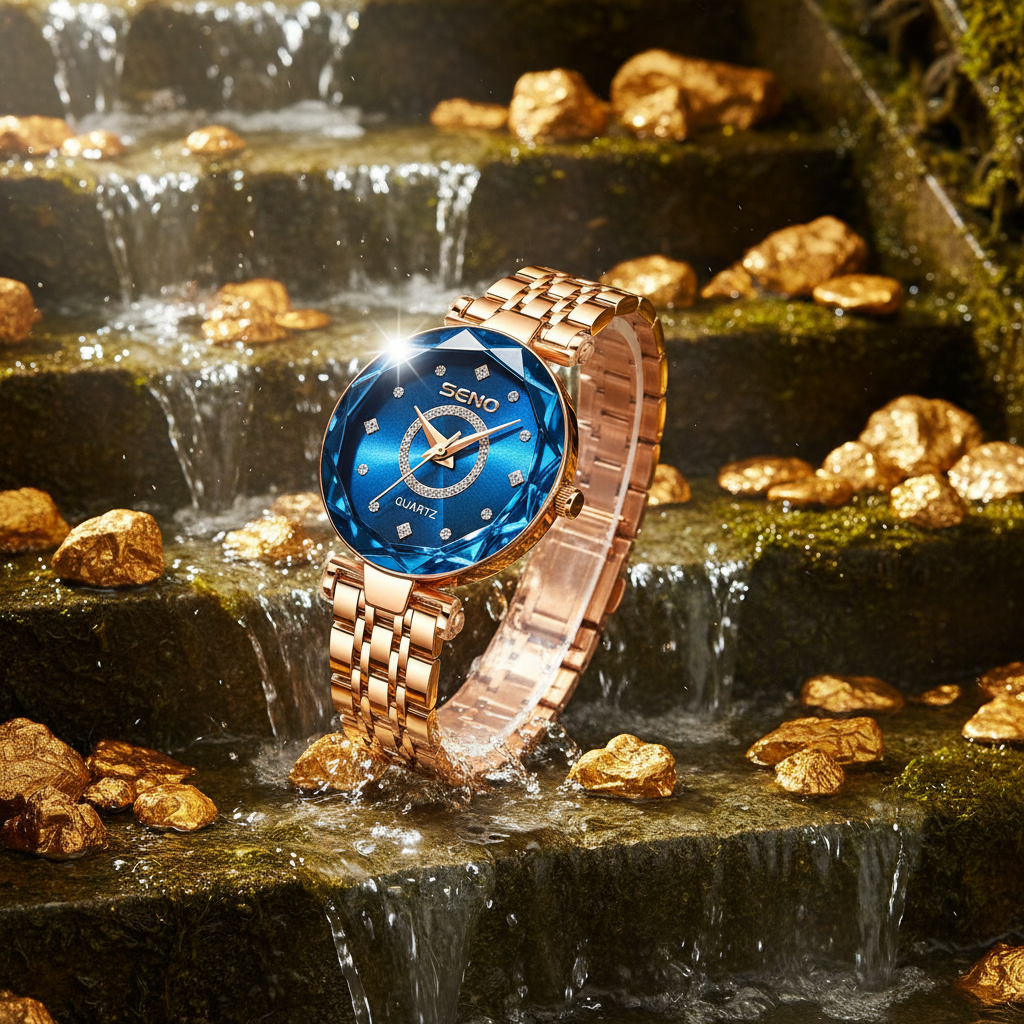 Ocean Star Watch - Waterfall Stairs with Gold Stones