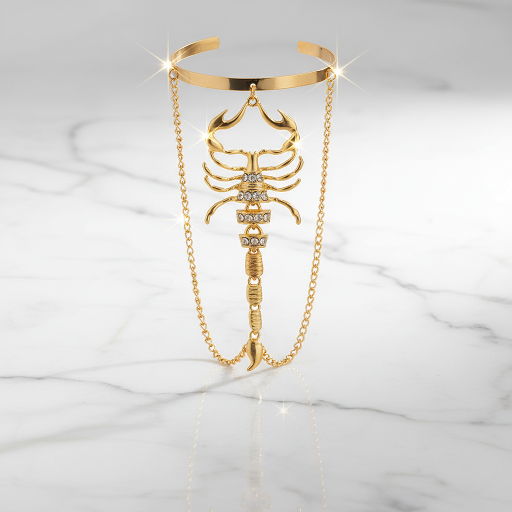 Pulseira de mão com escorpião vertical formato 1080x1080