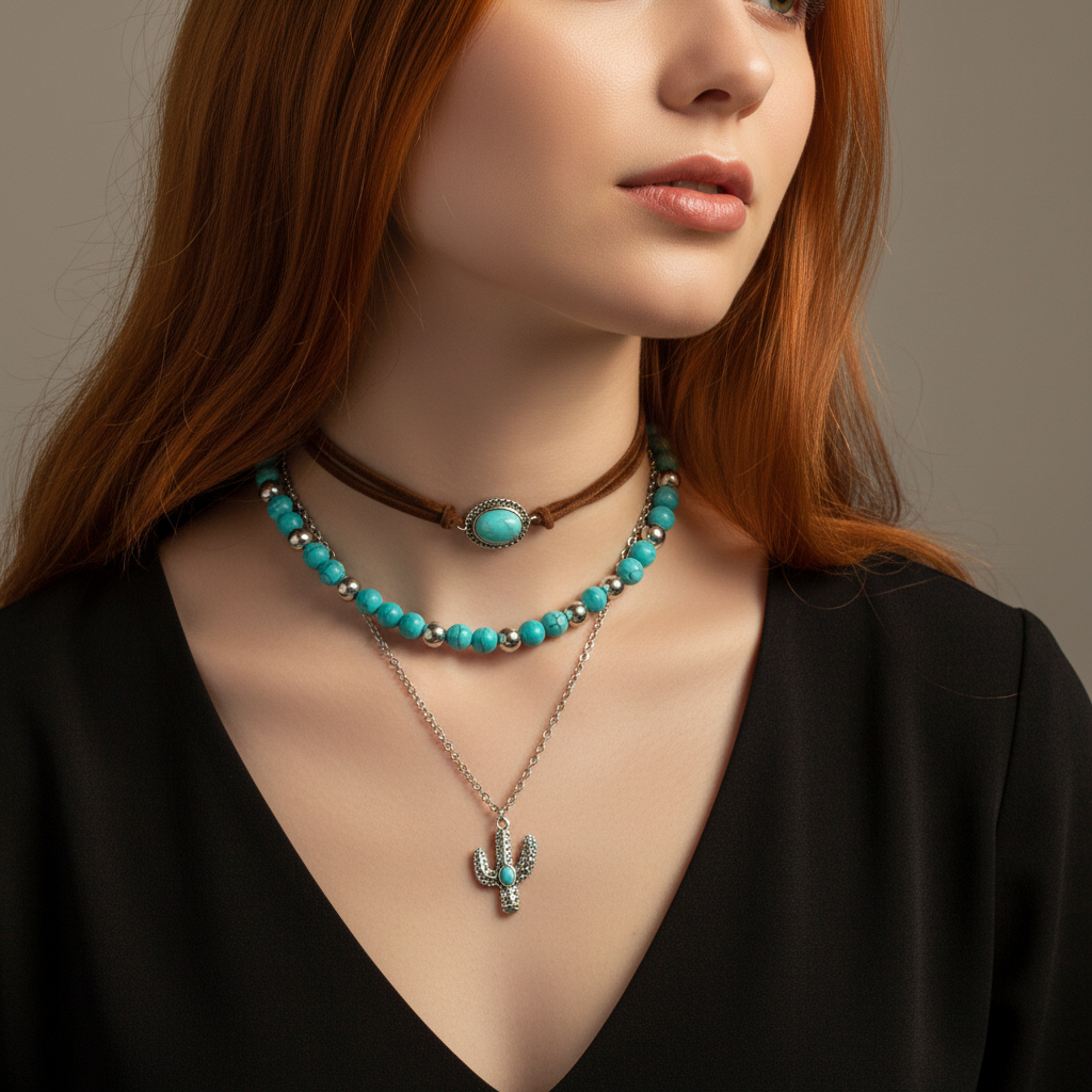 Red hair model wearing necklace - studio shot square