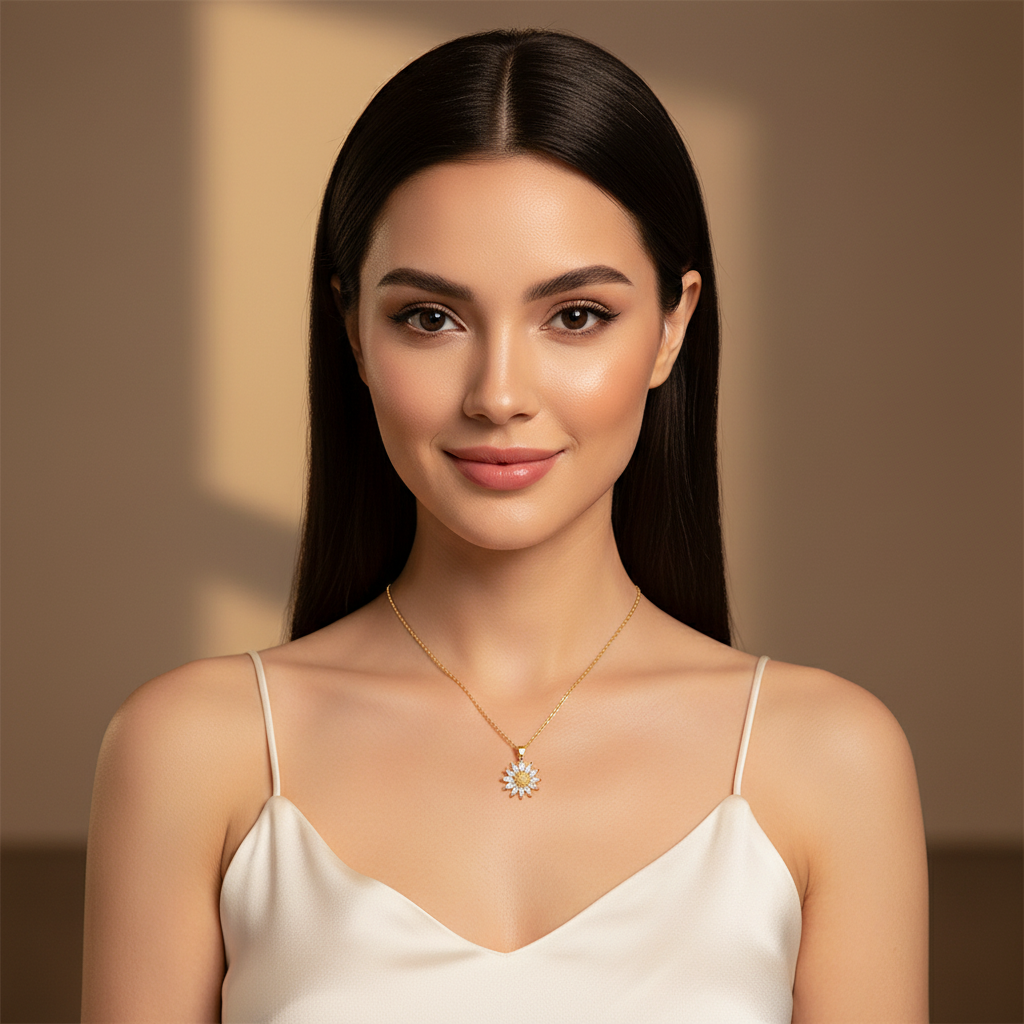 Straight hair model wearing sunflower necklace - timeless